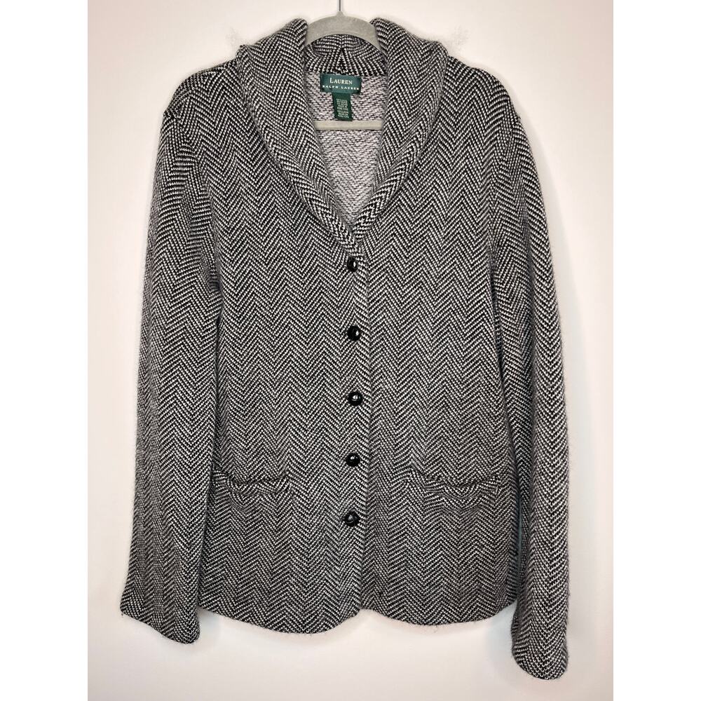 Lauren Ralph Lauren White Black Chevron Academic Old Money Wool Cowl Cardigan XL